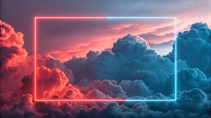 Neon frame glowing in a dramatic sky with colorful clouds