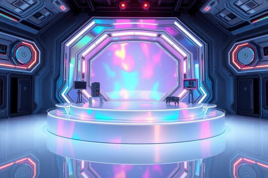 Futuristic stage with neon lights screen and monitors