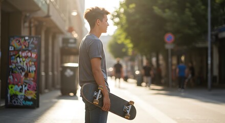 Teenager holding a skateboard and looking away on a sunny day in a city street.