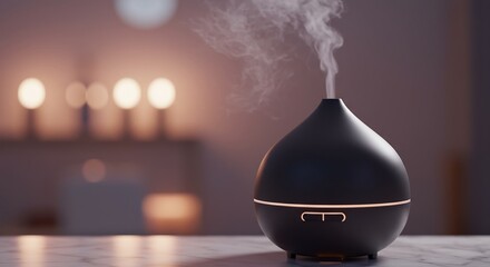Black diffuser emitting vapor backlit by soft ambient lighting