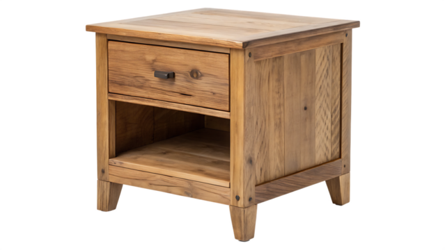 Wooden nightstand PNG – Isolated modern bedside table on white background. AI GENERATED.
