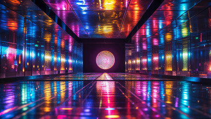 Obraz premium Dynamic Hallway with Colorful Reflections and Modern Vibe