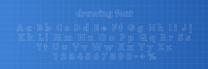 Blueprint font. Architectural typeface. Technical drawing alphabet and numbers with measurement guides on blue grid background. Graphic vector illustration. © Mariquita vector