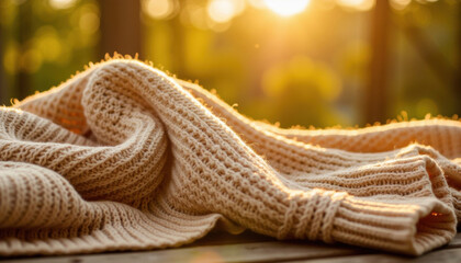 Soft knitted blanket resting on wooden surface in warm sunlight  