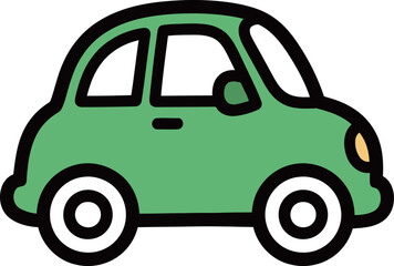 A simple cartoon illustration of a green compact car with a classic, rounded design, perfect for transportation, city life, or kids' themes.
