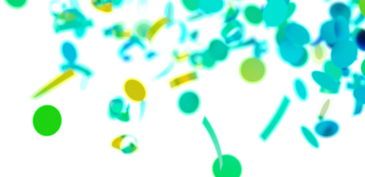 Colorful confetti background ideal for celebration, party, or festive designs. Bright green, blue, and yellow shapes on white.