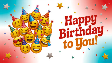 Happy emojis in party hats, bold birthday text, cheerful vibe
