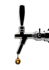 Naklejka premium a polished chrome beer tap with ornate detailing, a golden amber beer drop suspended from its spout, in a minimalist studio with dramatic lighting, concept of fluid dynamics and anticipation