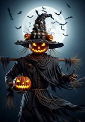 Spooky halloween scarecrow with pumpkin head and bats against the moon background