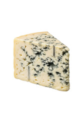 A single wedge of Stilton blue cheese with deep blue-green mold veining and rich, moist texture, isolated on a solid transparent background with subtle shadow, clean product photography concept