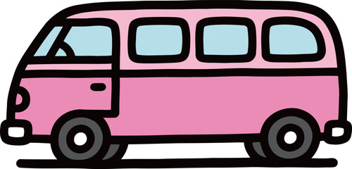A charming cartoon illustration of a vintage pink camper van, perfect for travel, vacation, or bohemian lifestyle themes. © 张锋