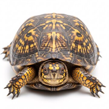 A top view of a turtle with a patterned shell, isolated on a white