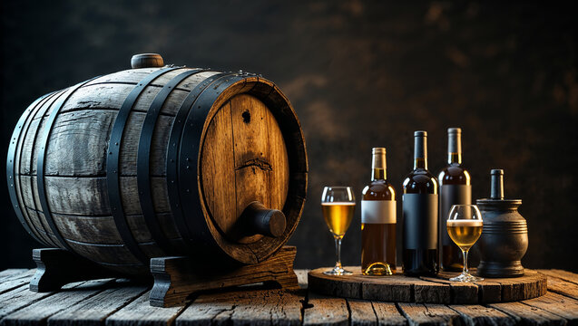 Rustic Wooden Barrel with Bottles and Glasses on Table - Powered by Adobe