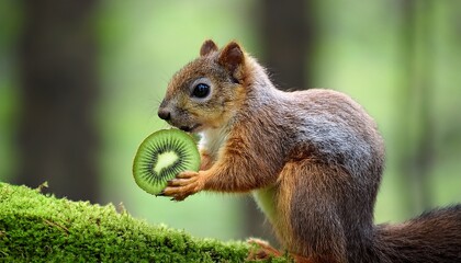 Obraz premium a squirrel holding a slice of kiwi in a vibrant forest