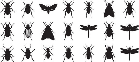 Collection of silhouetted insects including moths bees and dragonflies in a grid arrangement