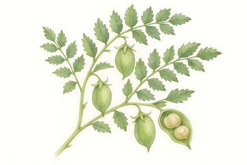 Green chickpea plant branch with pods and leaves displayed on a light background
