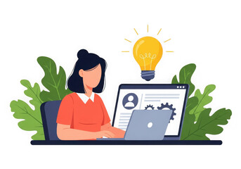 Flat illustration of woman working on laptop with a lightbulb and plants isolated on transparent background