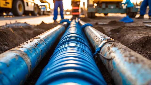 Underground construction site with large blue utility pipes installed in trench for infrastructure development and water supply engineering
