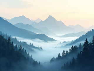 Obraz premium “Ultra-realistic layered vector landscape of mountains covered with morning fog, pine trees silhouettes, soft gradient sunrise sky, detailed textures for natural realism.”