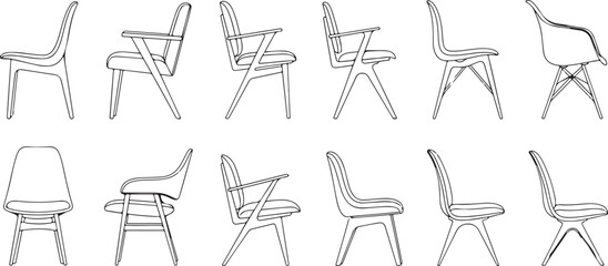Collection of modern chairs in diverse perspectives outline style artistic furniture design