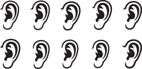 Collection of ten realistic black outline human ear icons on a white canvas for medical or design use