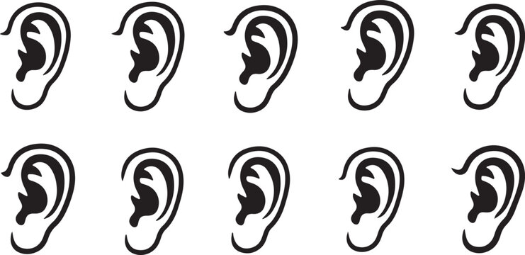 Collection of ten realistic black outline human ear icons on a white canvas for medical or design use