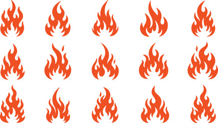Fiery flames collection diverse styles various sizes vivid orange red realistic abstract heat energy