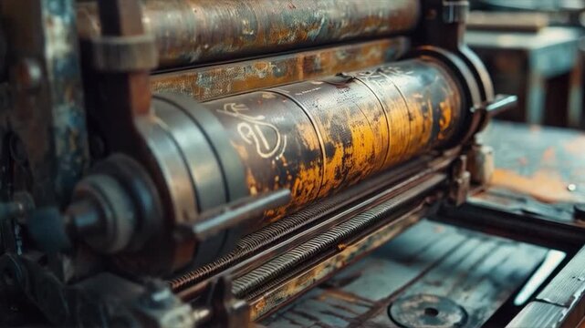 An old industrial printing press in operation, ideal for retro-industrial projects, documentary films about manufacturing, and design presentations.
