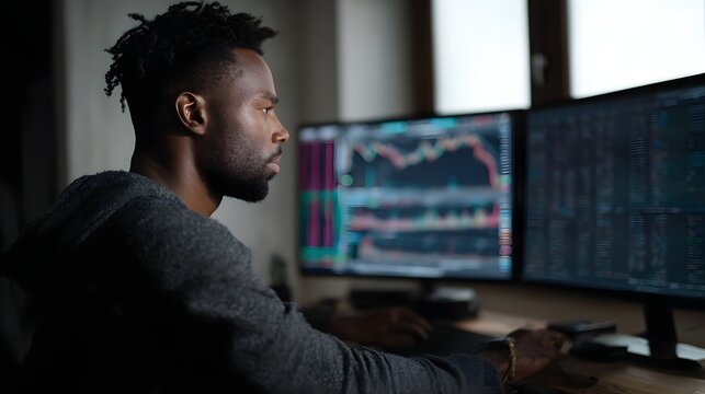 Serious investor analyzing financial markets on dual monitors - Powered by Adobe