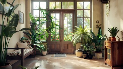 A foyer filled with potted plants