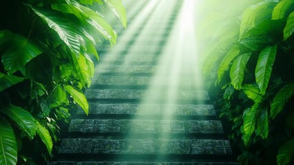 Ancient stone stairs in a lush jungle with a divine light, a cinematic video ideal for spiritual and inspirational content.