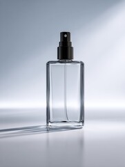 Clear spray bottle for cosmetic skincare mockups, perfume packaging design, cleaning product branding, commercial advertising


