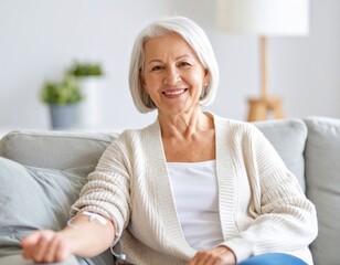 Resilient Senior Woman with IV Drip Smiles Warmly During Home Treatment.