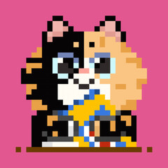 Calico Pixel Art Cat Hugging a canned food
