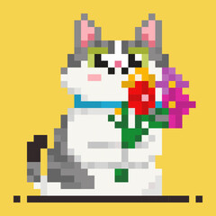 Cute Pixel Art Cat Holding a Flower Bouquet