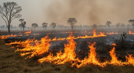 Intense scene of a wildfire burning through dry grasslands under a hazy sky.