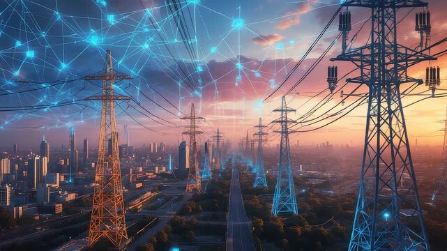 High voltage power lines with digital network connections above city skyline at sunset showing smart grid energy infrastructure and technology