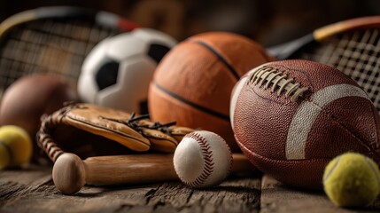 Assorted sports equipment on wooden table with balls and gear. Concept of sports variety, training, teamwork, and leisure activity. Static display, nostalgic rustic mood. Selective focus