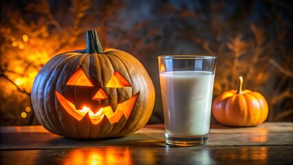 Jackolantern and milk on a wooden table at night