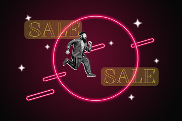Obraz premium Artwork sketch banner full 3d collage of happy guy run sale consumerism bargain offer buyer mall addiction client discount