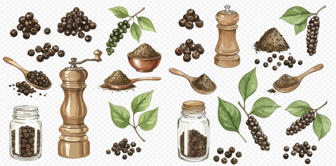Watercolor illustration of black peppercorns, powder, leaves, grinder, jar, and spoon on a transparent background. © studio