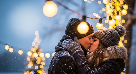 Romantic winter couple kissing in snow with christmas lights outdoor love and relationship concept image