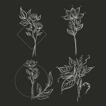 Black and white floral illustration abstract flowers outline. 