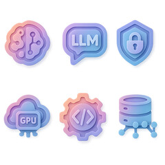 AI 3D rendering paper-cut layered icon set on transparent background, pastel gradient brain circuit, LLM chat bubble, shield lock, cloud GPU, code gear and database nodes for UI UX dashboards