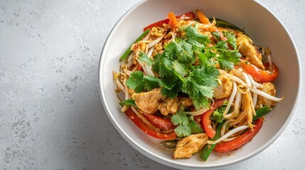 Chicken stir fry with bell pepper, bean sprouts and fresh cilantro in white bowl