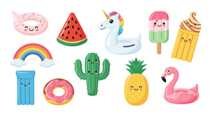 Summer fun with cute pool floats pineapple unicorn and flamingo for vacations and beach days illustrations