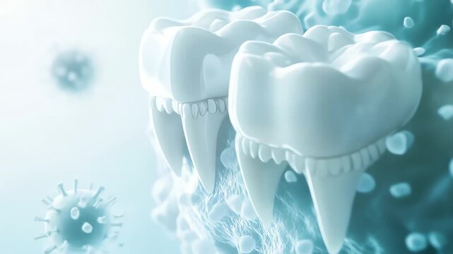 Microscopic view of teeth and viruses, showcasing oral hygiene, dental health, and the fight against infection