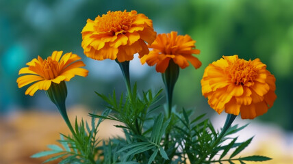 Fototapeta premium A close-up photograph of four vibrant orange marigold flowers in full bloom against a soft, blurred green background