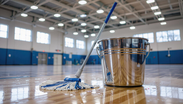 Cleaning supplies including mop and bucket in gymnasium space  