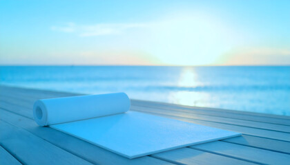 Obraz premium White Yoga Mat on Beach Wooden Deck at Sunrise